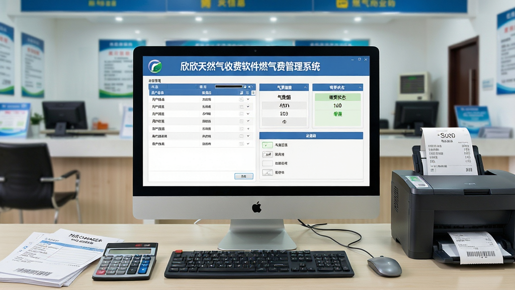 软件全貌展示图,画面中央是一台打开的台式电脑,屏幕上清晰显示“欣欣天然气收费软件燃气费管理系统”主界面,界面中包含用户信息列表、气费金额、缴费状态等模块,电脑前方桌面摆放着燃气收费单据与计算器,右侧有一台打印机正在输出票据,背景是整洁的燃气营业厅柜台环境,主体突出、布局居中、排版整齐、风格写实商务、细节丰富、画质清晰、干净、无多余元素