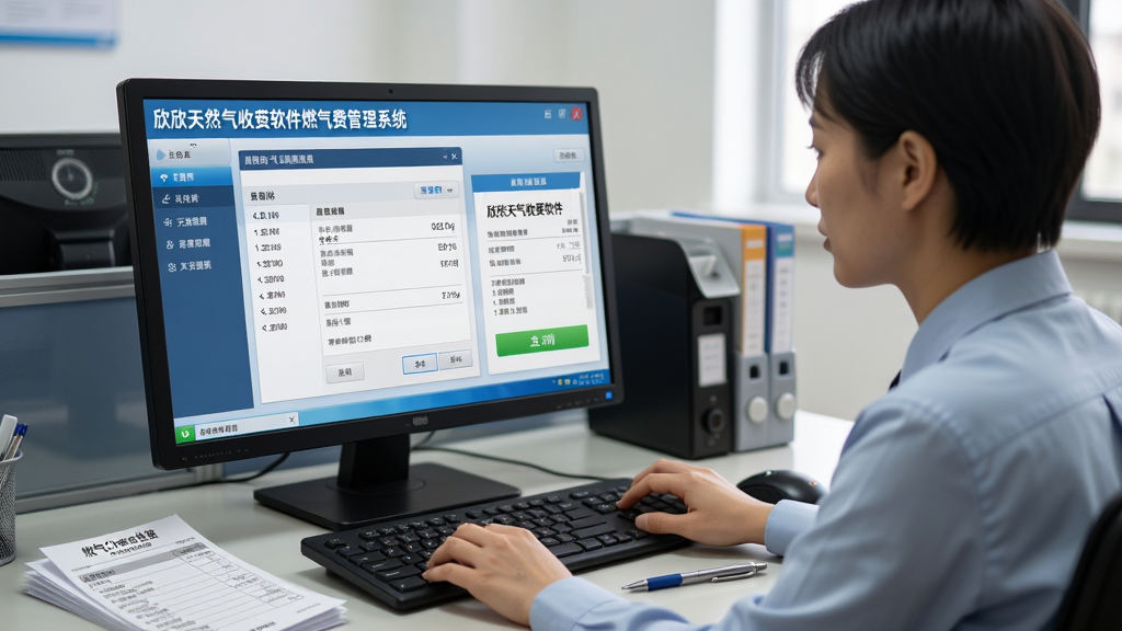 AI生成图,画面展示一位收费员坐在电脑前使用“欣欣天然气收费软件燃气费管理系统”进行收费操作,屏幕上显示收费界面与票据打印预览,桌面上有燃气收费单据与笔,主体为人物与电脑、布局采用侧面视角、排版自然、风格真实办公场景、细节包括屏幕内容与桌面物品、画质清晰、干净、无多余元素