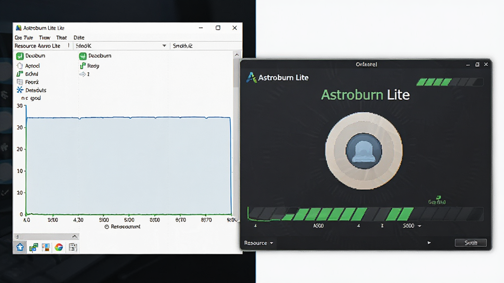 一张展示 Astroburn Lite 低资源占用特点的示意图,主体为电脑任务管理器旁边打开 Astroburn Lite 主界面,布局为左右对比,左侧显示资源占用曲线平稳,右侧为软件刻录界面,风格科技简洁,细节包括“Astroburn Lite”名称和绿色资源条,画质清晰,干净,无多余元素