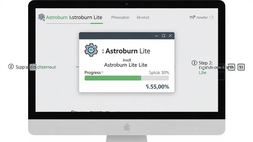一张表现 Astroburn Lite 快速安装过程的画面,主体为电脑屏幕显示安装进度条,界面上带有 Astroburn Lite 标识,布局为居中安装窗口,周围有简洁的步骤提示,风格清爽扁平化,细节包括进度百分比和软件名称“Astroburn Lite”,画质清晰,干净,无多余元素