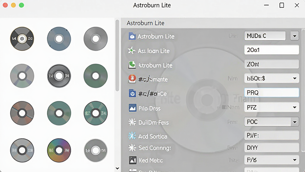 一张展示 Astroburn Lite 多格式支持与操作界面的组合图,主体为软件界面中显示光盘类型选择列表,布局为左右分栏,左侧为介质图标,右侧为刻录参数设置,风格现代简约,细节包括“Astroburn Lite”字样和多种光盘格式标识,画质高清,干净,无多余元素