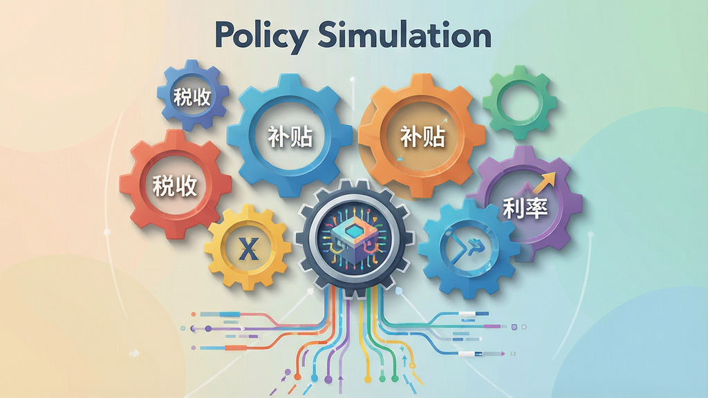 一幅以 Policy Simulation 为背景的抽象概念图,画面主体是多个彩色齿轮相互咬合,每个齿轮上标注不同政策变量符号如“税收”“补贴”“利率”,齿轮下方连接数据流线汇入中央的模拟引擎核心,布局采用中心辐射构图,风格为扁平化信息图,细节包括柔和阴影与渐变底色,画质高清,干净无多余元素,画面中打上文字