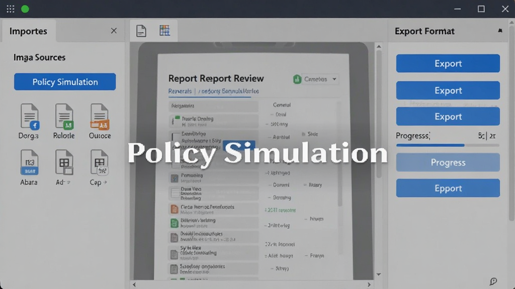 一张展示 Policy Simulation 报告导出界面的截图风格图,画面左侧是数据源导入面板,中间是正在生成的报告预览,右侧是导出格式选择按钮,布局采用三栏式工作台,风格为简洁办公软件界面,细节包括蓝色高亮按钮、文件类型图标与进度条,画质清晰,干净无多余元素,画面中打上文字