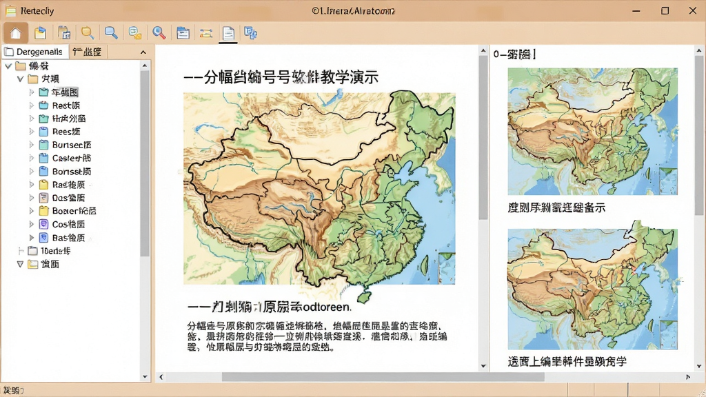 一张地形图分幅与编号软件的教学演示界面图,画面中软件窗口内显示分幅编号原理示意图与文字说明,左侧为目录树,右侧为图文内容,界面风格温和,画质清晰,画面干净,无多余元素