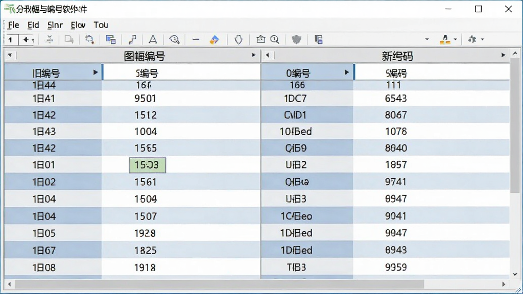 一张地形图分幅与编号软件的对照功能界面图,画面中软件窗口内显示表格形式的图幅编号对照列表,左侧为旧编号,右侧为新编号,表格行交替底色,界面风格清爽,画质清晰,画面干净,无多余元素