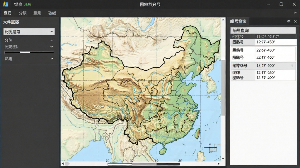 一张地形图分幅与编号软件的功能展示图,画面中软件界面左侧为比例尺下拉菜单,中间为地图分幅网格,右侧为编号查询结果面板,面板上显示图幅号与经纬度范围,界面风格简洁专业,画质清晰,干净无多余元素