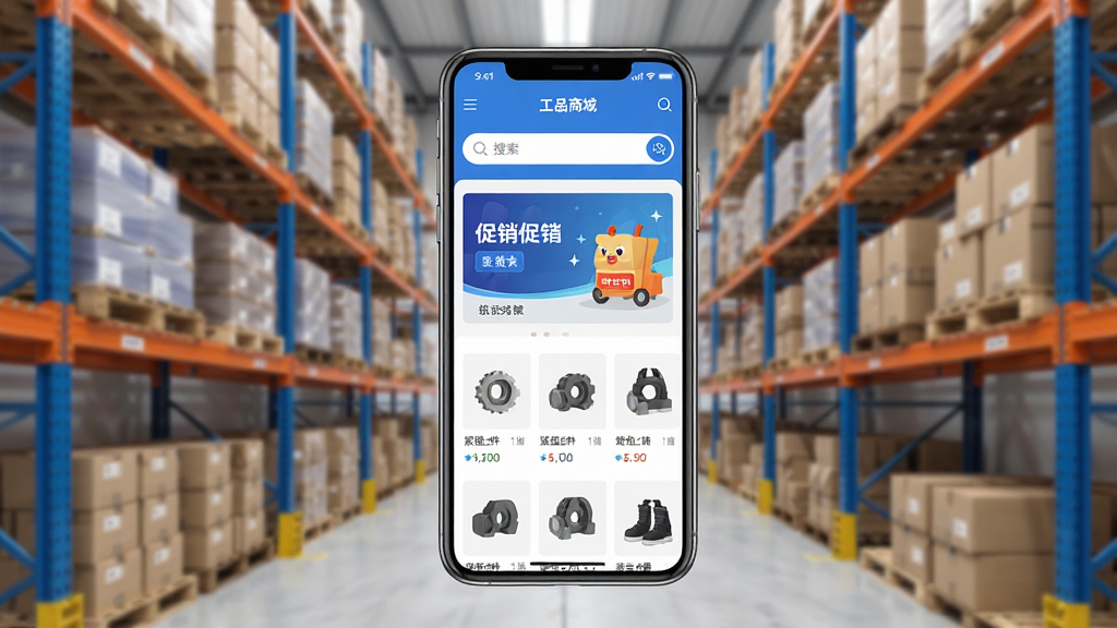 ��Ʒһ��APP����ȫòչʾ���ֻ���Ļ����ʾ��ҵƷ�̳���ҳ���������̼�����ͼ�ꡢ�������������������Ʒ�б�������Ϊ����Ĺ�ҵ�ֿ���ܣ�������ɫ������ƽ��UI��ƣ����廭�ʣ�ϸ���������ɾ��޶���Ԫ��