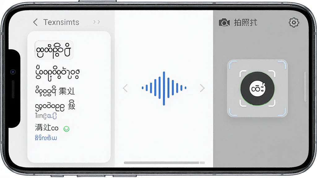 一部智能手机屏幕上展示缅甸语翻译通的多模式翻译功能界面,左侧显示文本翻译输入框,中间为语音翻译波形图标,右侧为拍照翻译相机按钮,布局三栏并列排版,风格科技感十足,细节包括缅甸文字符和中文对照显示,画质高清干净无多余元素