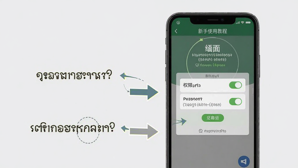 缅甸语翻译通新手使用教程示意图,画面中一部手机展示软件安装完成后的权限设置界面,旁边有箭头指示操作步骤,背景为浅灰色,布局为图文结合排版,风格简洁明了,细节包括权限开关按钮和提示文字,画质高清干净无多余元素