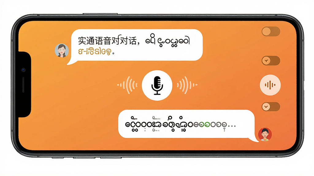 缅甸语翻译通实时语音对话功能界面,手机屏幕显示两个对话气泡,上方为中文内容下方为缅甸语翻译结果,中间有麦克风图标和声波动画,背景为温暖的橙色渐变,布局居中对称排版,风格亲切友好,细节包括语音播报按钮和语言切换标识,画质高清干净无多余元素