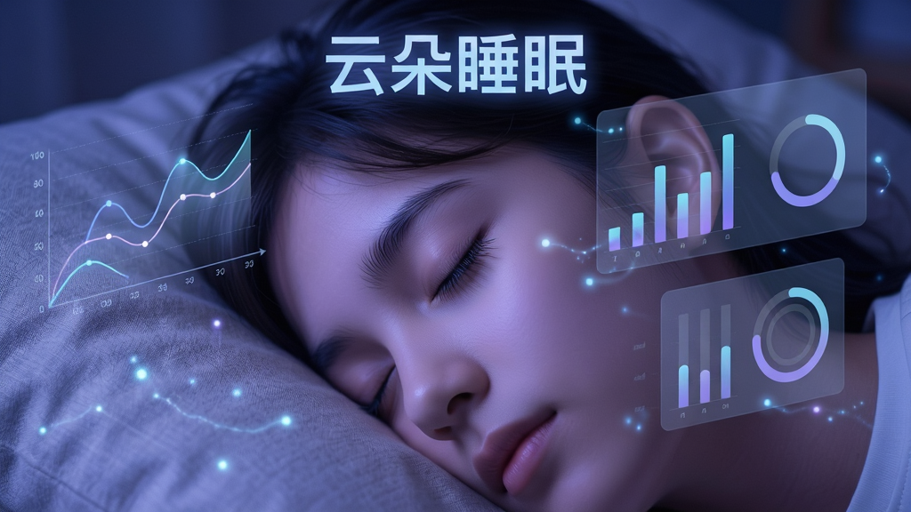 画面主体是一位安睡中的年轻人面部特写,面部被柔和的蓝紫色光线照亮,头部周围漂浮着半透明的数据图表,包括折线图、柱状图和环形进度条。布局采用侧面视角,人物闭眼表情放松。排版上软件名称