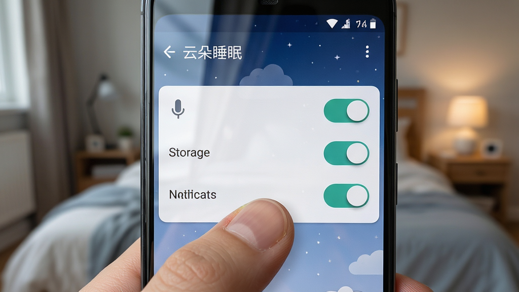 画面主体是一部安卓手机屏幕特写,屏幕上显示着云朵睡眠应用的权限设置页面,页面中有麦克风、存储、通知三个权限开关,其中麦克风开关被手指点击打开。布局采用正面平视角度,手机占据画面中央,背景为虚化的卧室环境。排版上软件名称