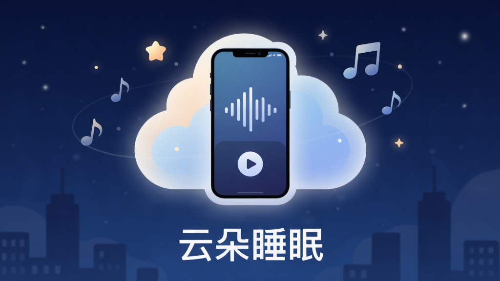 主体是一个漂浮在深蓝色夜空中的发光云朵形状的智能手机,云朵内部显示着简洁的音频波形图标和播放按钮。布局采用居中构图,手机屏幕朝前,周围环绕着柔和的星星和半透明的音符符号。排版上软件名称