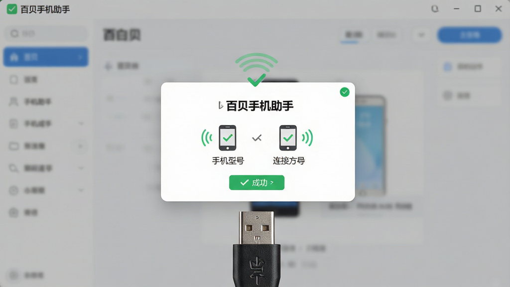 一张展示百贝手机助手连接界面的特写图,画面主体为电脑屏幕中央弹出的设备连接成功提示框,提示框内显示手机型号与连接方式图标,背景为百贝手机助手主界面虚化效果,屏幕前方有一根USB数据线接口特写,布局为中心对称,风格为简洁UI设计,细节包含绿色对勾标识与信号波纹,画质为高清,干净,无多余元素