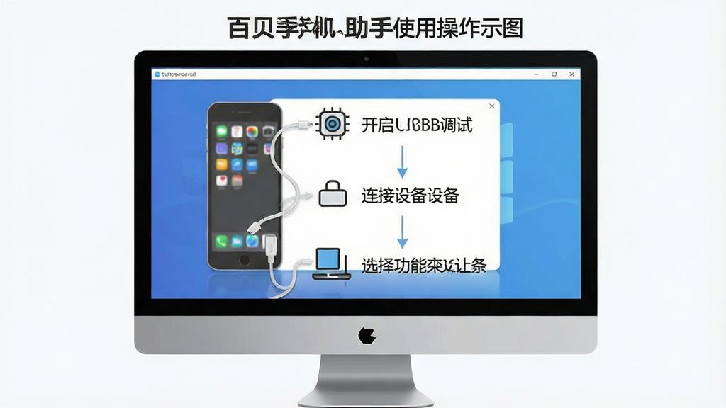 一张展示百贝手机助手使用技巧的示意图,画面主体为电脑屏幕显示软件操作步骤分解图,分为开启USB调试、连接设备、选择功能三个步骤,每一步配有小图标与简短文字说明,布局为纵向时间轴排版,风格为简洁教程风,细节包含手机与电脑连接线示意,画质为高清,干净,无多余元素