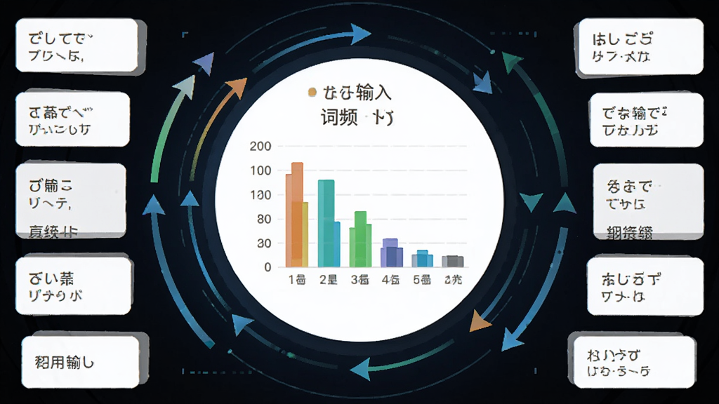 谷歌日语输入法学习功能示意图,画面主体为一个数据可视化面板,面板中央显示用户输入习惯的词频统计图表,周围环绕着候选词列表和排序变化箭头,整体布局为环形放射状构图,风格为科技感数据可视化风,细节包括彩色柱状图、动态排序箭头、候选词卡片,画面干净无多余元素,高清画质,功能说明图风格