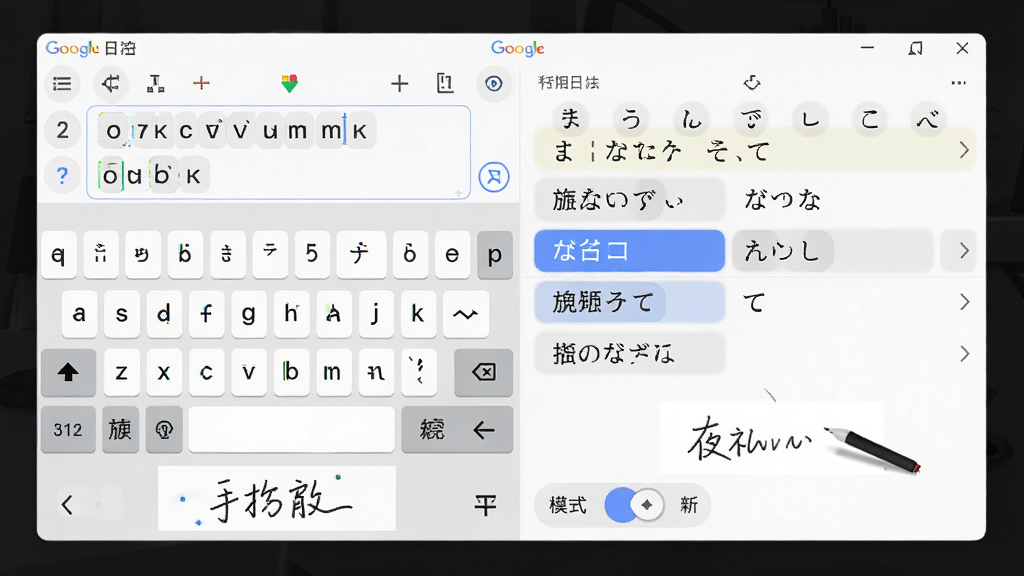 谷歌日语输入法功能展示图,画面主体为一块悬浮的软件界面面板,面板左侧显示罗马字输入框,右侧同步展示假名与汉字候选词,面板下方排列手写识别区域和输入模式切换按钮,整体布局为左右分栏结构,风格为清爽浅色科技风,细节包括清晰的键盘按键、候选词高亮效果、手写笔迹示例,画面干净无多余元素,高清画质,软件功能宣传图风格