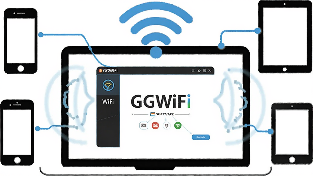 һ��AI���ɵ�ͼƬ������������һ̨�ʼǱ�������Ļ��ʾGGWiFi�����������棬��Ļ�Ϸ��������ź�ͼ�����ⷢ�䣬��Χ�������ֻ���ƽ���豸�ļ������������Ϊ����չʾ���Ű���У����Ϊ�Ƽ��б�ƽ�廭��ϸ�ڰ����źŲ��ƺ��������������������ɾ����޶���Ԫ��