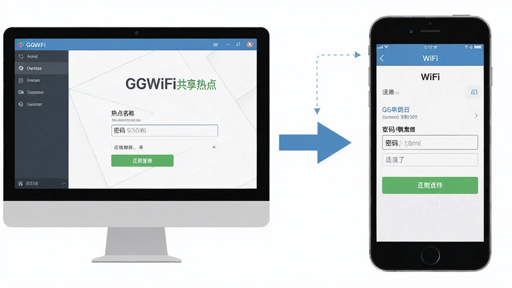 һ��չʾ�ֻ�����GGWiFi�����ȵ�Ĳ�������ͼ���������Ϊ���Զ��������棬�Ҳ�Ϊ�ֻ�WiFi���ý��棬�м��ü�ͷ���ӱ�ʾ�������裬�������ҷ������Ű����������Ϊ��ƽ����Ϣͼ��ϸ�ڰ����ȵ����ơ��������������Ӱ�ť�����ʸɾ����޶���Ԫ��