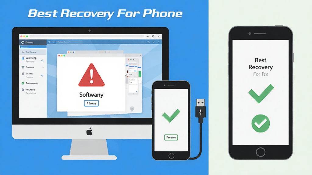 һ��չʾ Best Recovery For Phone ��������ע�������ʾ��ͼ�������ǵ�����Ļ�Է����ֻ�������Ϊ���ҷ������Ű���������������ұ����ֻ���Ļ�����Ϊ��ƽ����Ϣͼ��ϸ�ڰ�����ɫ�����־��USB�ߡ���ѡ��ǣ������������ɾ����޶���Ԫ��