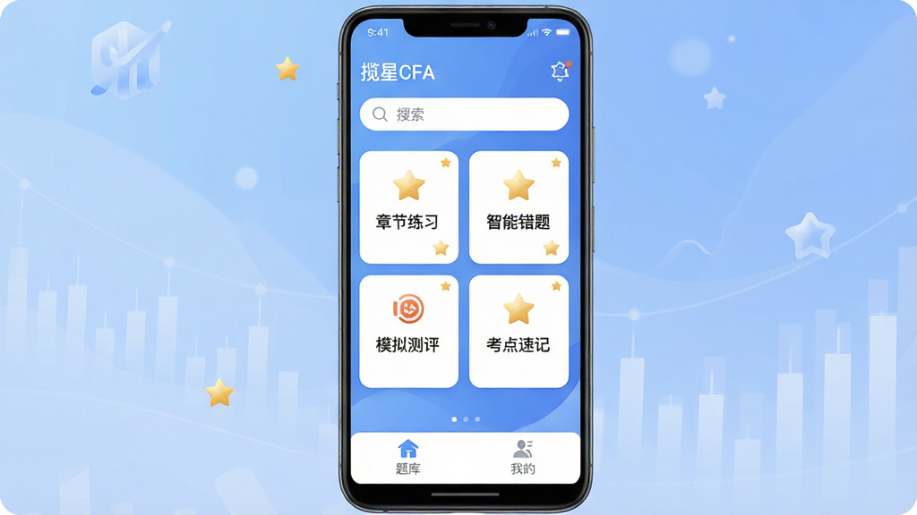 揽星CFA软件主界面全貌展示,主体为一部安卓手机竖屏画面,布局上方是软件名称“揽星CFA”与搜索栏,中部是章节练习、智能错题、模拟测评、考点速记四个功能卡片整齐排列,底部是题库与我的页面入口,排版简洁清晰,风格为现代金融教育类应用UI,细节包含柔和蓝色渐变背景、白色圆角卡片、金色星标点缀,画质高清干净无多余元素