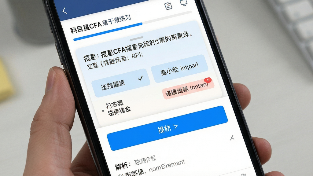揽星CFA章节练习界面,主体为手机屏幕内的题目卡片与选项按钮,布局为上方科目名称与进度条,中部为题干和四个选项,下方为提交按钮与解析区域,排版工整,风格为清爽学习类APP界面,细节包含淡蓝色高亮选中状态、错题红色标记、解析文字清晰,画质干净无多余元素