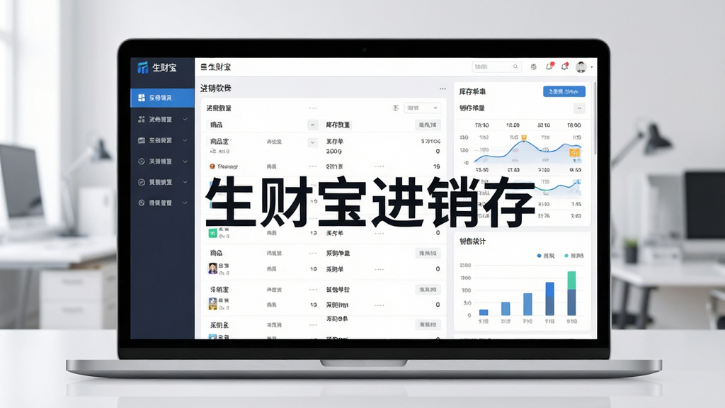 生财宝进销存软件主界面展示,画面中央为软件名称“生财宝进销存”字样,主体为笔记本电脑屏幕显示进销存管理后台,左侧为功能导航栏,右侧为库存数据表格与销售统计图表,布局为横向宽屏排版,风格为简洁商务科技风,细节包括商品列表、库存数量、销售曲线、采购单据等元素,画质为高清4K,画面干净,无多余元素