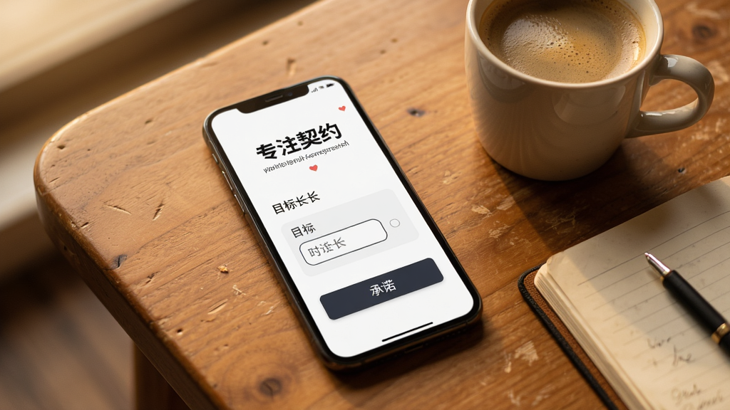 一部手机平放在木质桌面上,屏幕显示专注契约的契约设定页面,页面中有专注契约的标题,下方有目标时长选项和承诺按钮,旁边放着一杯咖啡和一本笔记本,画面采用暖色调,光线柔和,风格写实,画质清晰,构图简洁
