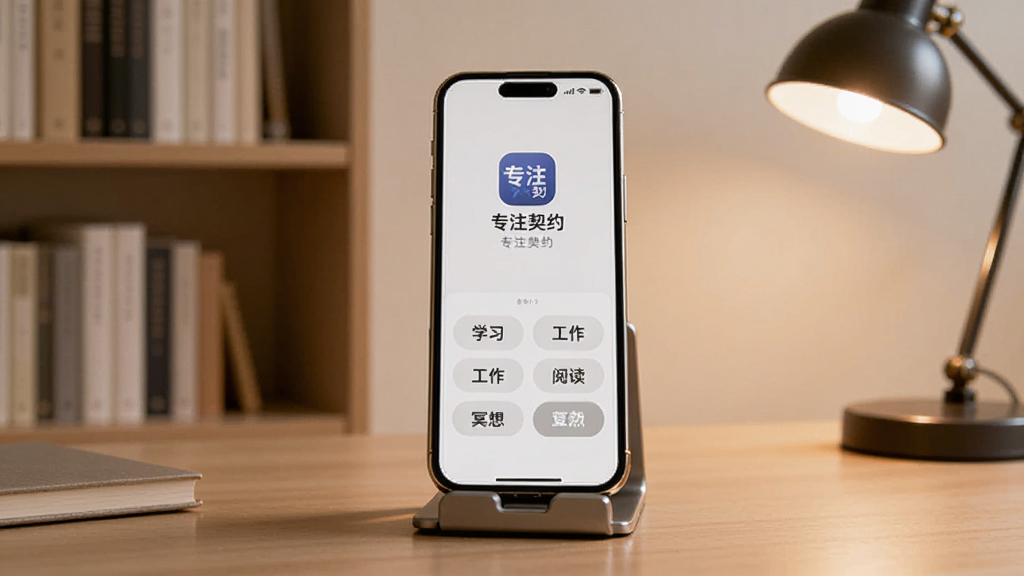 一部手机放置在桌面支架上,屏幕显示专注契约的专注标签选择页面,页面中有专注契约的标识,下方排列着学习工作阅读冥想等标签按钮,背景是书房环境,有书架和台灯,画面温馨安静,风格简约,画质细腻,无杂乱元素