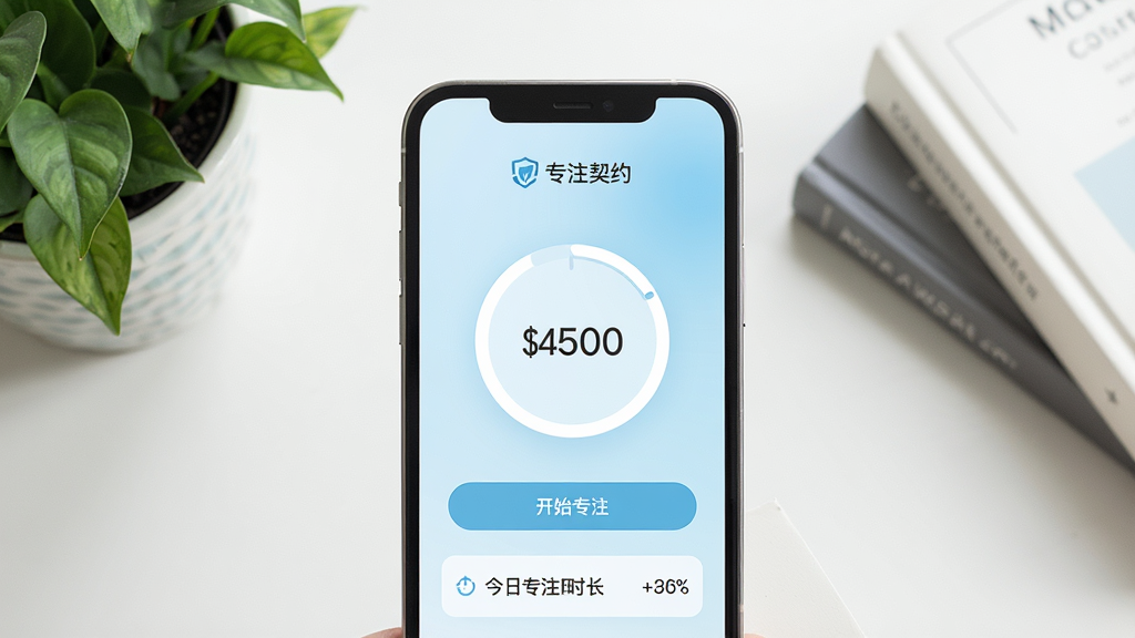 一张展示手机屏幕的图片,屏幕中央显示专注契约应用的主界面,界面顶部有专注契约的文字标识,中间是一个圆形的专注计时器,下方有开始专注按钮和今日专注时长统计,背景是柔和的浅蓝色渐变,周围有绿植和书本点缀,整体风格清新简约,画面干净明亮,高清画质,无多余元素