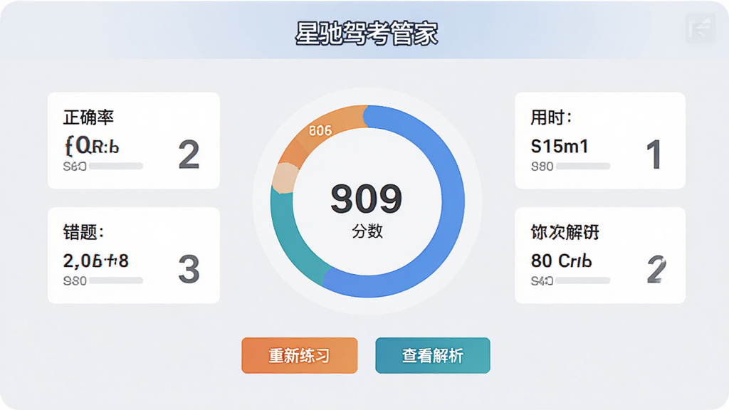 模拟考试结束后的成绩报告页面,屏幕中央显示分数环图,周围分布正确率、用时、错题数量等数据卡片,背景为浅灰色,顶部有