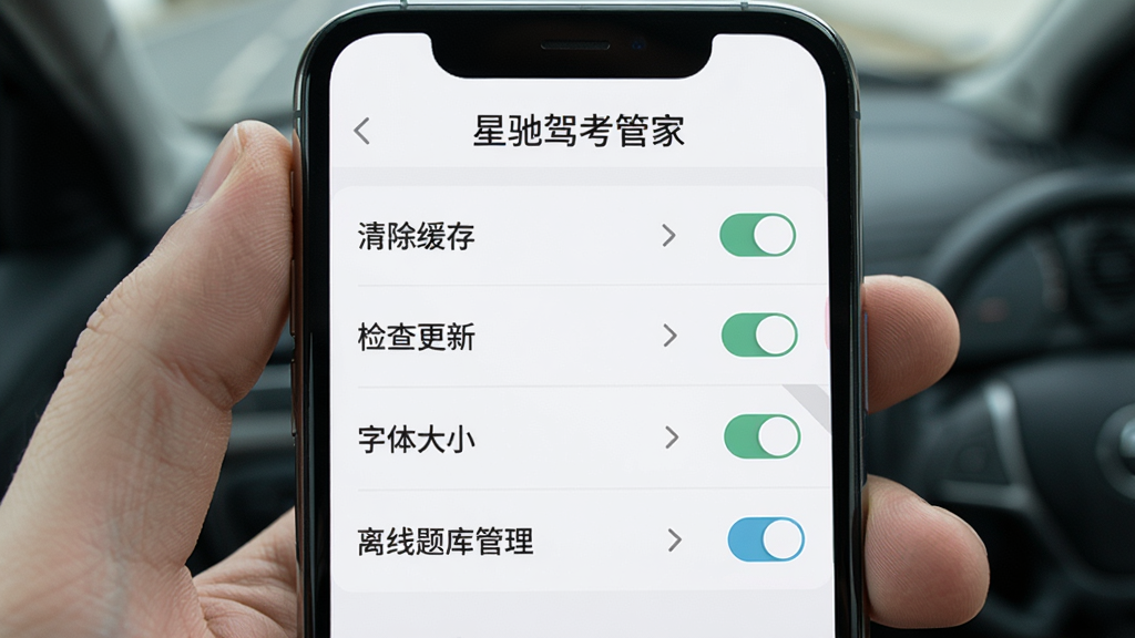 手机屏幕显示驾考应用设置页面,顶部有
