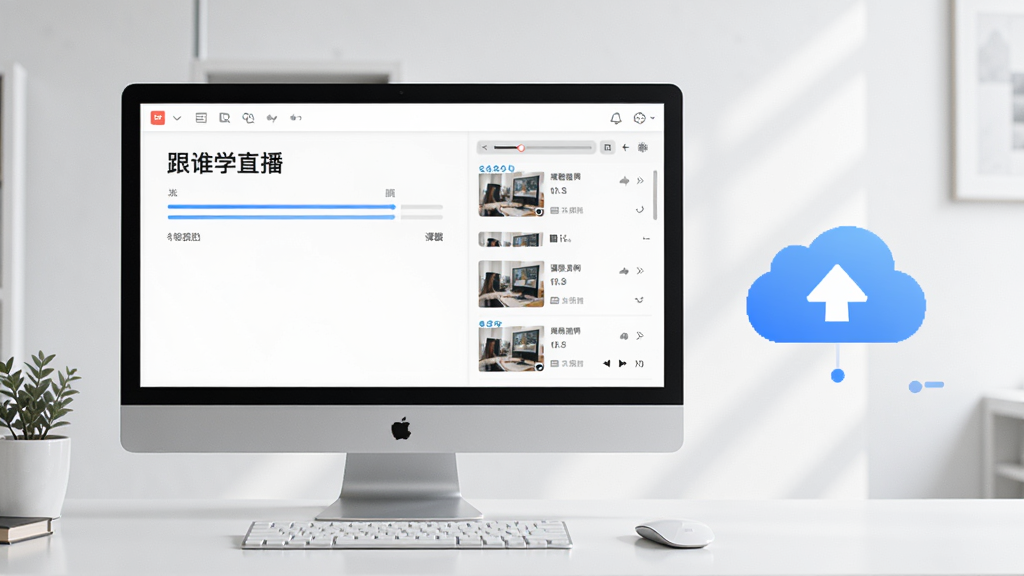 一张展示跟谁学直播助手课程录制与回放功能的图片,画面中电脑屏幕显示录制进度条和视频回放列表,旁边有云端存储图标,整体风格简洁商务,布局合理,细节清晰,画质高清,干净无多余元素