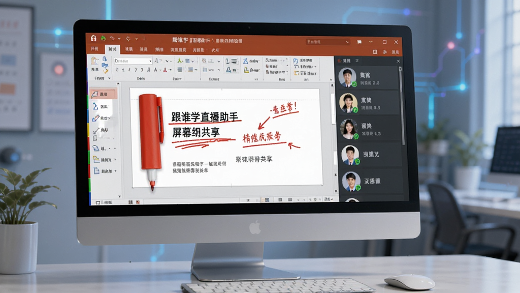 一张展示跟谁学直播助手屏幕共享功能的图片,画面中电脑屏幕正在共享PPT课件,屏幕上有红色标注笔迹,旁边有学生头像列表,整体风格现代科技感,布局清晰,细节丰富,画质高清,干净无多余元素