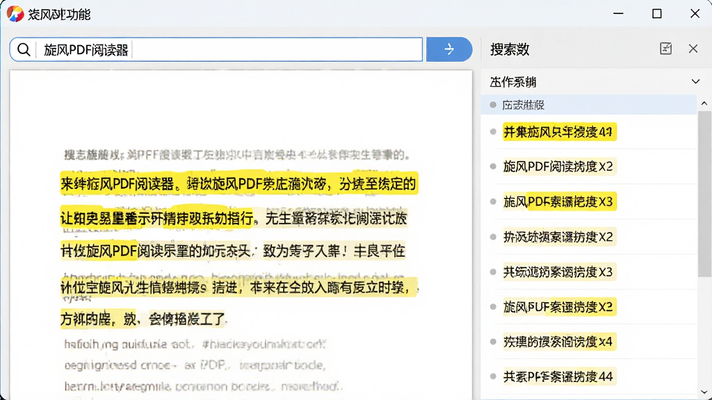 旋风PDF阅读器搜索功能界面展示,搜索框中输入关键词后文档中匹配文字被高亮标黄,右侧搜索结果列表显示多个匹配项,界面清晰,布局合理,画质高清,干净无多余元素