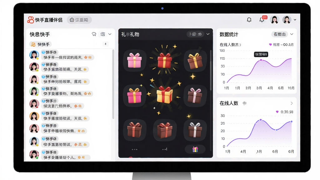 一张展示快手直播伴侣实时互动管理面板的图片,主体为电脑屏幕上的直播数据与弹幕列表界面,布局包含左侧弹幕滚动区、中间礼物特效展示、右侧数据统计图表,排版清晰展示互动信息,风格为现代直播管理UI,细节包含快手用户头像、弹幕文字、礼物图标、在线人数曲线图,画质高清,干净,无多余元素