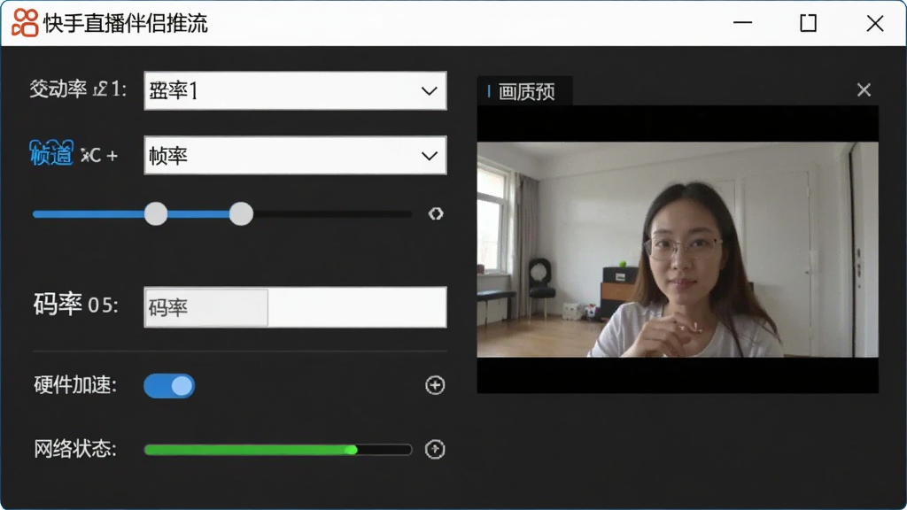 一张展示快手直播伴侣高清推流设置的界面截图,主体为电脑屏幕上的视频编码参数设置面板,布局包含分辨率下拉菜单、帧率滑块、码率输入框和画质预览小窗,排版整齐,风格为专业软件设置界面,细节包含蓝光画质标识、硬件加速开关、网络状态指示条,画质高清,干净,无多余元素