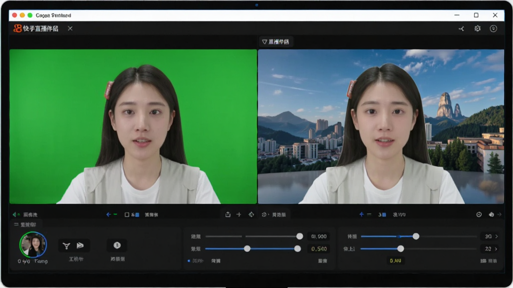 一张展示快手直播伴侣绿幕抠图效果的图片,主体为电脑屏幕上的视频预览窗口,布局左侧为原始绿幕画面,右侧为抠图后叠加虚拟背景的效果,排版对比展示,风格为专业视频处理界面,细节包含人物边缘平滑处理、虚拟背景图片、参数调节滑块,画质高清,干净,无多余元素