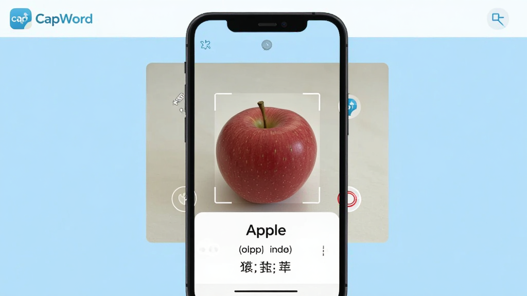 CapWord 软件主界面展示,手机屏幕中央显示相机取景框,画面里有一个红色苹果,屏幕下方弹出英文单词 Apple 及音标和中文释义,界面风格简洁清新,浅蓝色与白色搭配,角落有 CapWord 品牌标识,布局居中对齐,现代扁平化设计,细节清晰,画质干净,无多余元素