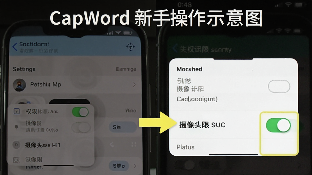 CapWord 新手操作示意图,手机屏幕显示权限设置页面,摄像头权限开关被高亮标注,旁边有箭头指向开启状态,背景为手机设置界面,风格简洁明了,布局清晰,细节到位,画质干净,无多余元素