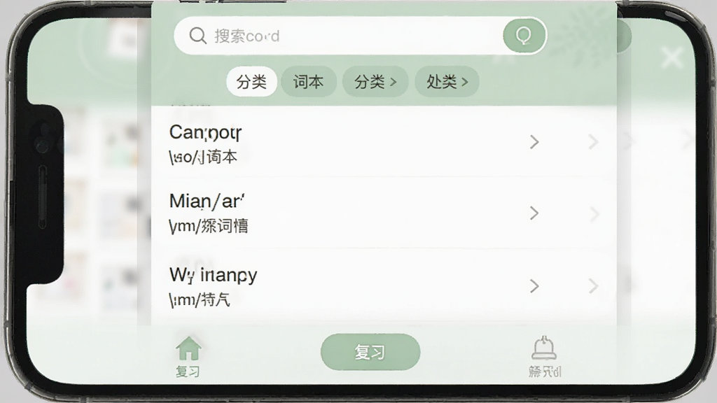 CapWord 生词本界面,手机屏幕显示单词列表,每条记录包含英文单词、音标和中文释义,顶部有搜索框和分类标签,底部导航栏有复习按钮,界面配色为柔和的浅绿色与白色,布局整齐,风格简约,细节清晰,画质干净,无多余元素