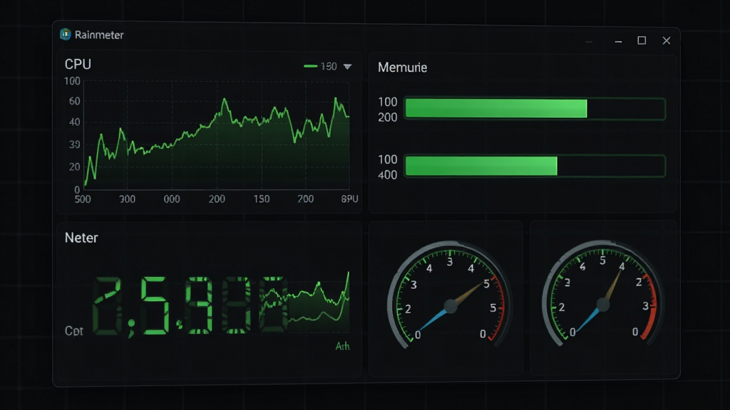 һ��Rainmeter�������ϵͳ��������д������Ϊ��ɫ��͸�����������ڲ���������CPU����ͼ���ڴ�������������ٶ����֡��¶��Ǳ��̣�����Ϊ����״�Ĺ��񣬷��Ϊ���ڿƼ��磬ϸ����ӫ��������������΢�����񱳾������ʸ��塢�ɾ����޶���Ԫ��