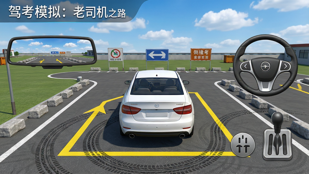 一张展示「驾考模拟:老司机之路」软件界面的全景图,画面中央是一辆白色教练车停在标准倒车入库场地内,车身周围有黄色标线,左侧显示后视镜视角,右侧悬浮着方向盘与档位操作按钮,背景为蓝天白云下的驾校训练场,整体风格写实3D渲染,细节包含地面轮胎印、路肩石与指示牌,画质清晰干净,无多余文字元素