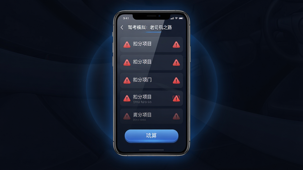 生成一张AI图片,画面展示「驾考模拟:老司机之路」软件内的考试结算界面,主体为手机屏幕悬浮在深色背景中,屏幕内显示扣分项目列表与红色警示图标,布局上手机居中,四周有淡淡的蓝色光晕,排版简洁,风格为科技感UI展示,细节包含屏幕反光、按钮立体感与文字清晰可辨,画质干净,无多余装饰元素