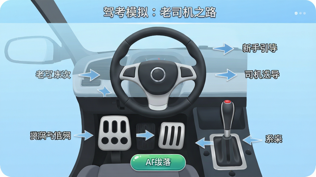 生成一张AI图片,画面以「驾考模拟:老司机之路」软件的新手引导界面为主体,布局采用手机竖屏展示,屏幕内显示虚拟方向盘、油门刹车踏板与档位杆的标注说明,背景为浅蓝色渐变,排版清晰,风格为扁平化UI教学图,细节包含按钮高光、文字标签与指示箭头,画质干净,无多余元素