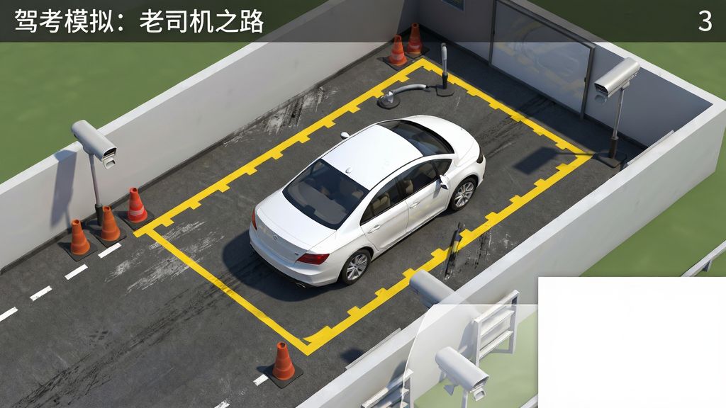 生成一张AI图片,画面以「驾考模拟:老司机之路」软件内的3D考场俯视图为主体,布局采用斜45度视角,中央是倒车入库区域,白色车身正在缓慢倒入库中,地面有清晰的黄色边线与虚线,周围点缀锥桶与监控杆,排版上让考场占据画面三分之二,右下角留出空白区域,风格为写实3D渲染,细节包含车身反光、轮胎纹理与地面磨损痕迹,画质高清,干净无杂乱元素