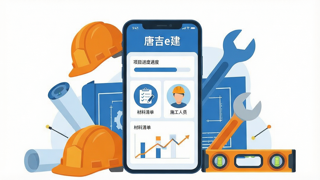 һ��չʾ����������Ŀ���������Ĳ廭������������һ�������ֻ���Ļ��ʾ���Ƽ�e����Ӧ�ý��棬�����а�����Ŀ�������������嵥ͼ���ʩ����Աͷ���ֻ���Χ�����Ű�ȫñ��ͼֽ�������ֺ�ˮƽ�ǵȹ���Ԫ�أ����岼�ֲ������ķ�ɢʽ��ͼ�����Ϊ��ƽ������廭��ɫ������ɫ�ͳ�ɫΪ����ϸ�ڰ����ֻ���Ļ�ϵġ��Ƽ�e�������������ɼ�������ͼ��������ˣ����ʸ��壬�����ɾ��޶���Ԫ��