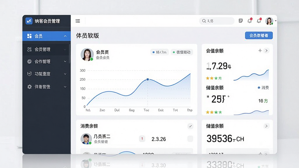 一张展示纳客会员管理软件 体验版主界面的图片,画面中央是软件操作后台,左侧为功能菜单栏,右侧为会员数据看板,布局清晰,排版规整,风格为现代商务简约风,细节包含会员头像、消费曲线图、储值余额数字,画质高清,干净,无多余元素