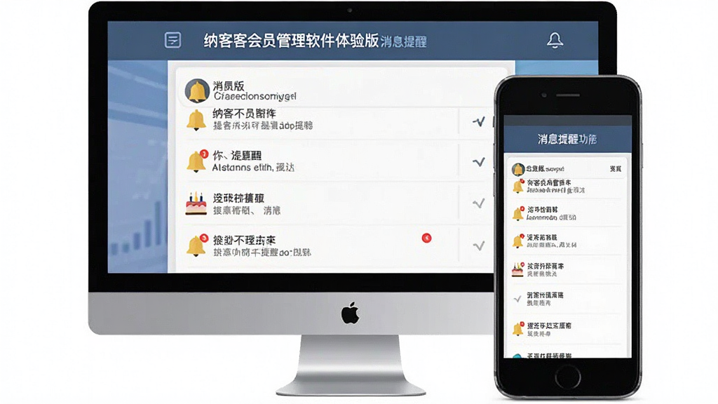 一张展示纳客会员管理软件 体验版消息提醒功能的图片,画面主体为电脑屏幕与手机屏幕并排展示,屏幕中显示提醒消息列表,布局为左右对比,风格为扁平化商务风,细节有铃铛图标、未读红点、生日蛋糕小图标,画质清晰,干净,无多余元素