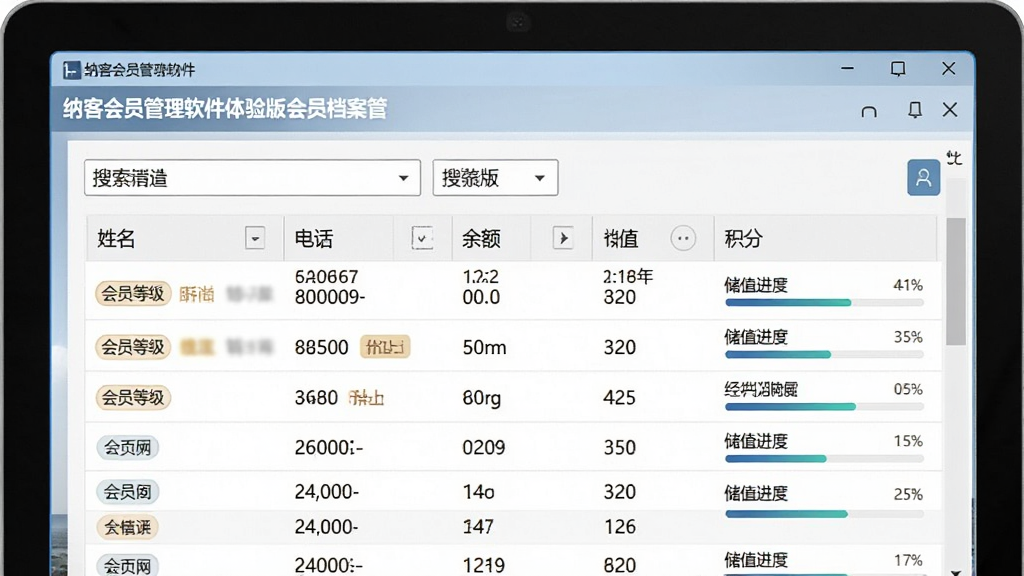 一张展示纳客会员管理软件 体验版会员档案管理界面的图片,画面主体为软件窗口,窗口内排列着会员信息列表,包含姓名、电话、余额、积分等列,布局为上下结构,上方为搜索筛选栏,下方为数据表格,风格为清爽办公风,细节有会员等级标签、储值进度条,画质清晰,干净,无多余元素